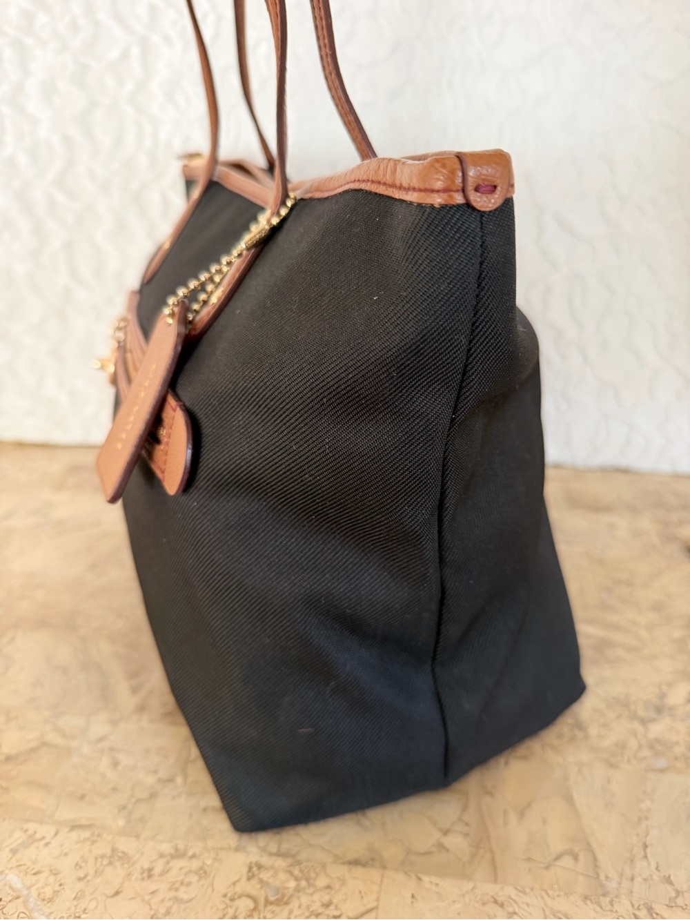 COACH Sawyer Black Tote black cotton with Brown Leather Trim and Front Zip - Picture 5 of 10